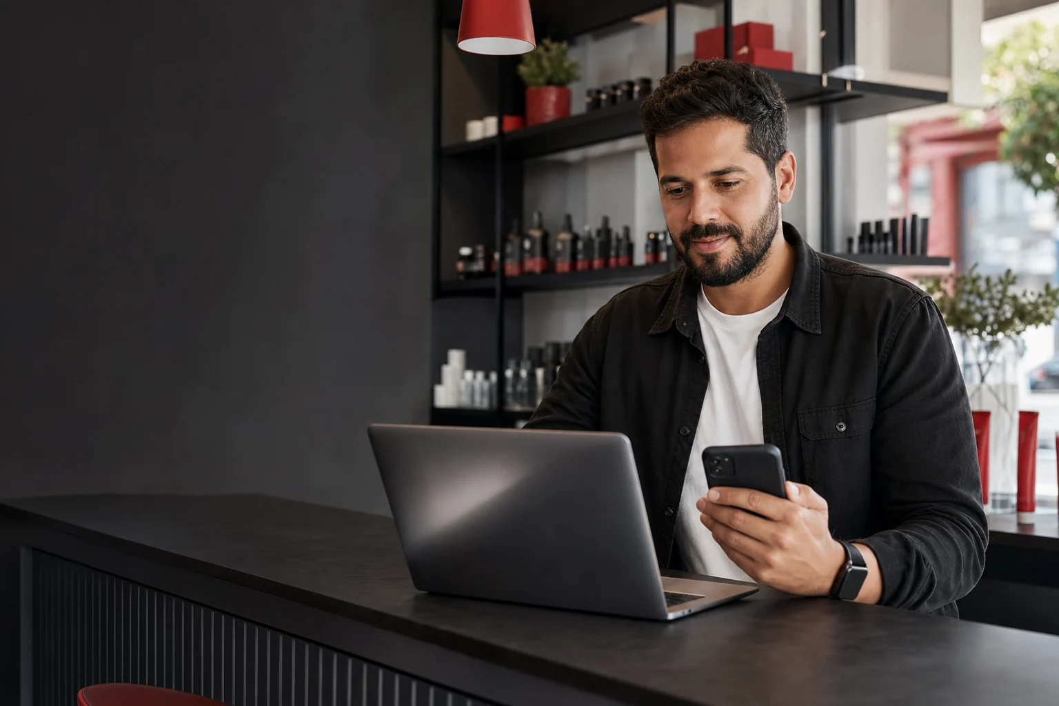 Empresário local usando notebook e celular para organizar a presença digital do negócio